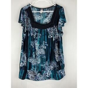 Perseption Womens Teal Black Square Neck Top Plus Size 2X (994)